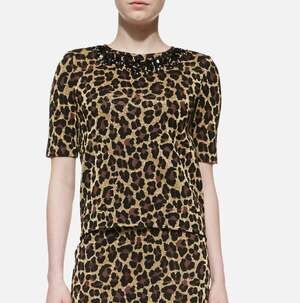 St. John Collection Leopard Knit Elbow Sleeve Top Size 14 Jewel Neckline